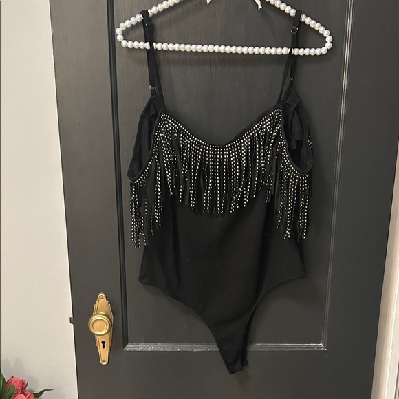 Tops - Black Fringe faux suede bodysuit with gold detail